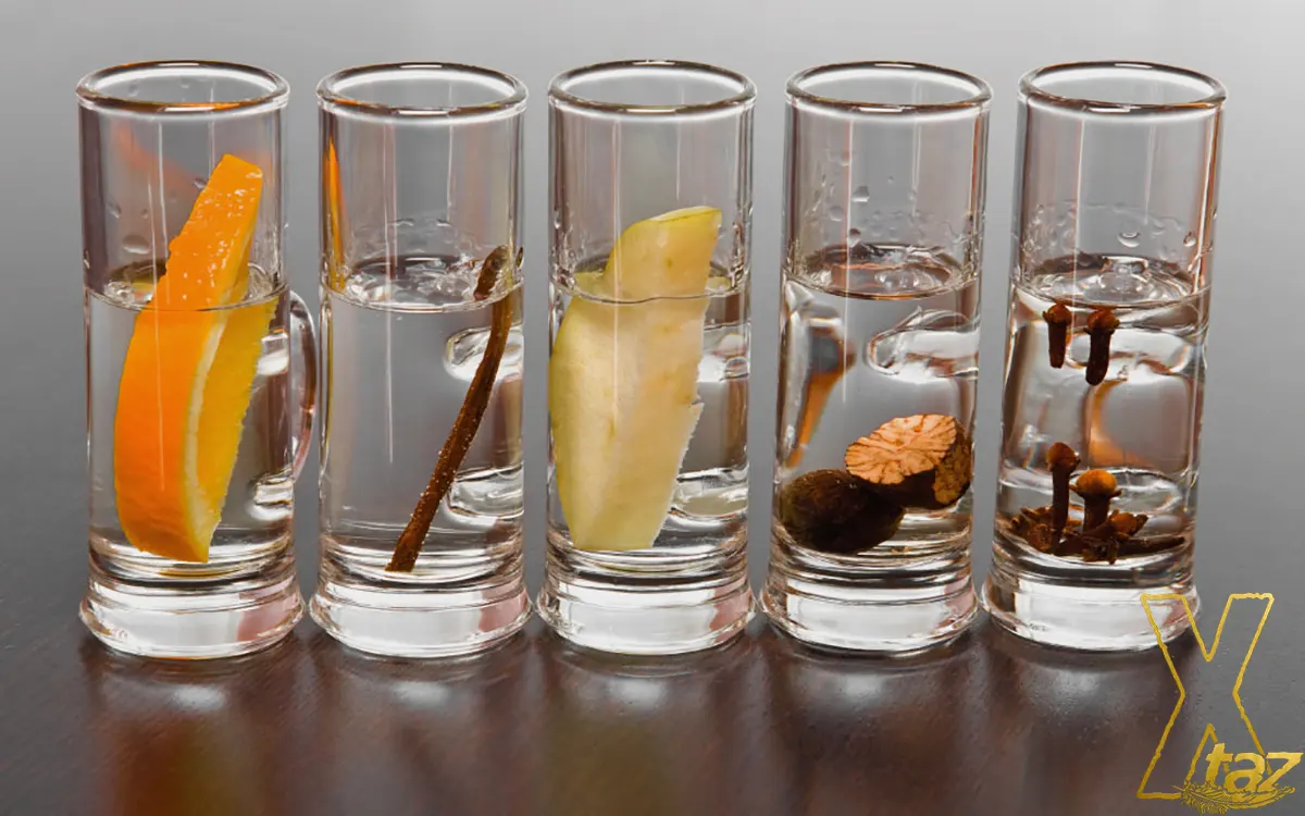 5 glasses with different vodka cocktails