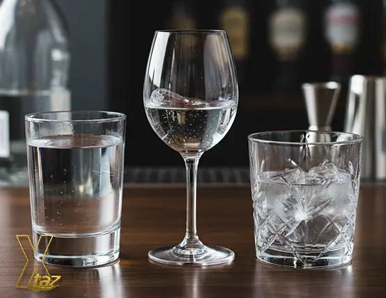 3 glasses with vodka on wooden table